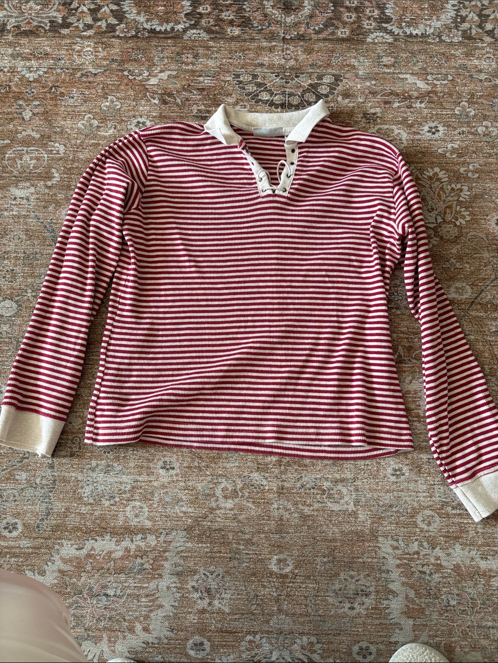 Basic Editions Red & White Striped Lace-Up Collar Top